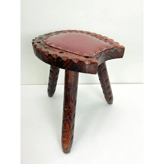 Spanish Brutalist Wooden Tripod Stool with Leather, 1960s For Sale - Image 9 of 9