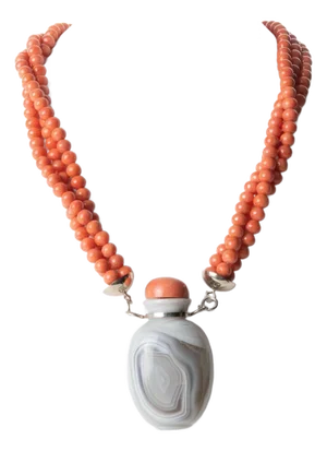 Gray Agate Snuff Bottle Pendant on a Three Strand Coral Bead Necklace, 1850's