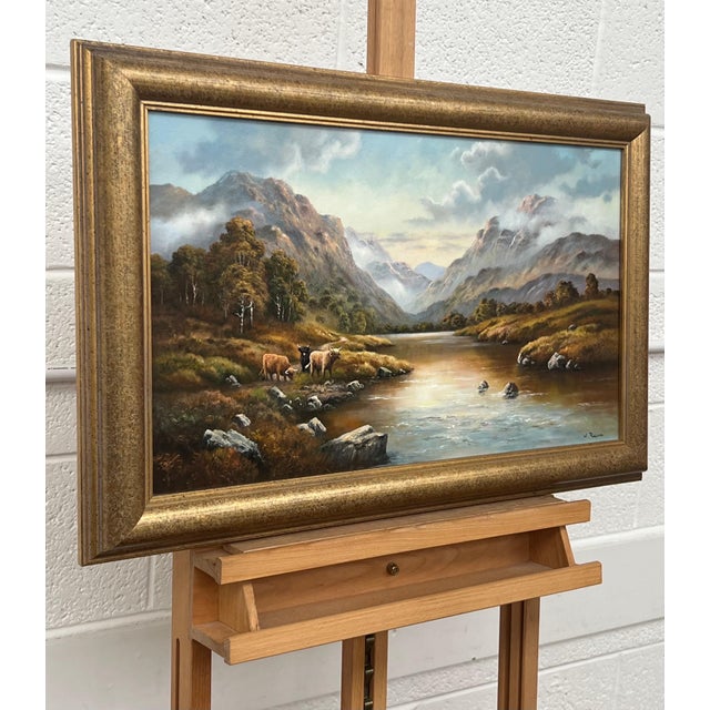 River Landscape with Highland Cows & Sheep in the Scottish Mountains 1985 Circa For Sale - Image 10 of 16
