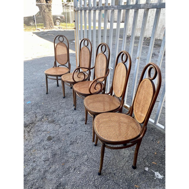 Art Nouveau Thonet Atribute Benwood Long Johns' High Back Dining Chairs Set of 5 . For Sale - Image 3 of 12