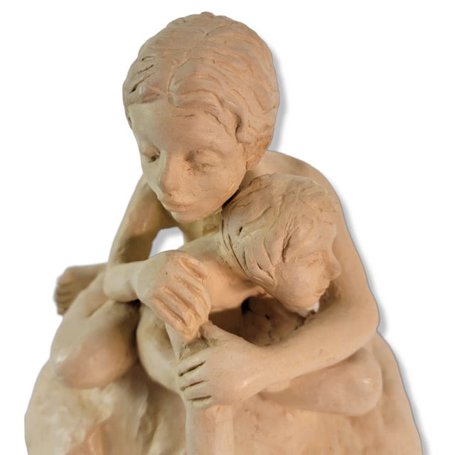 1980s Vintage Boys Statue Figurine Signed Studio Art Beige Ceramic For Sale - Image 5 of 10