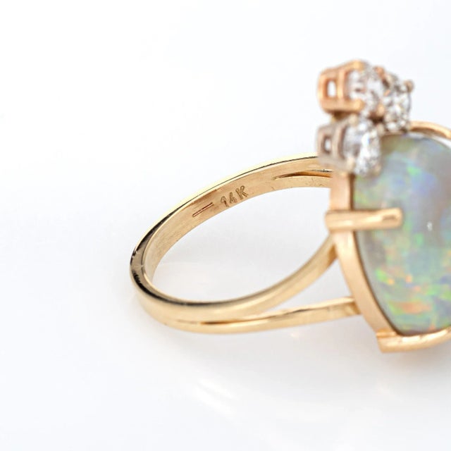 Metal Natural Opal Diamond Ring Vintage 14k Yellow Gold Oval Crown Jewellery size 5.75 For Sale - Image 7 of 7