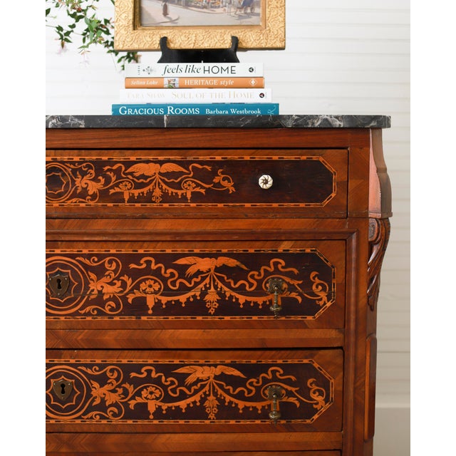 Empire Furniture 19th Century Italian Neoclassical Marquetry Commode With Marble Top For Sale - Image 4 of 12