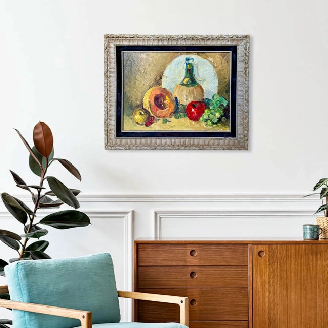 Wood Still Life Oil Painting – Bold Colors, Original Wood Frame Vintage For Sale - Image 7 of 7