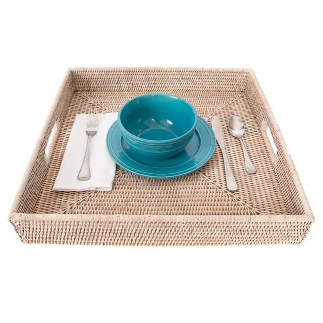 Boho Chic Artifacts Rattan Square Serving Tray with Cutout Handles in White Wash - 18" For Sale - Image 3 of 8