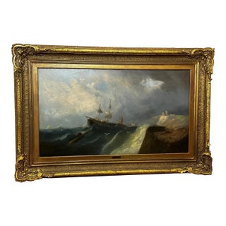 Victorian Marine Oil Painting Shipwreck Rescue Seascape Off Whitby Abbey Coast by William Henry Williamson (1820–1883) Large Gilt Frame For Sale