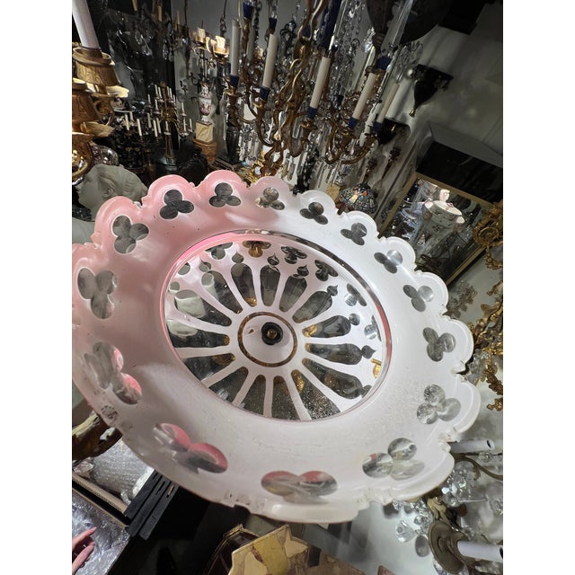 Metal Antique Cased Pink Cut to White and Clear Glass and Bronze Chandelier For Sale - Image 7 of 12