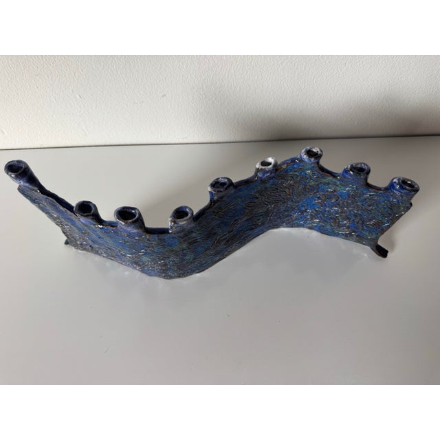 Contemporary 1990’s Vintage Handmade Blue Glazed Studio Pottery Ceramic Sculptural Menorah For Sale - Image 3 of 12