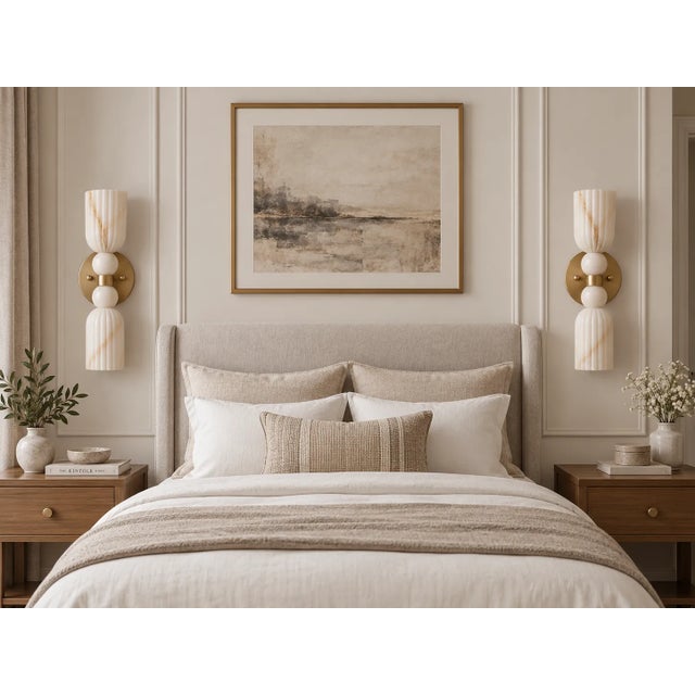 Handcrafted Brass Double Wall Sconces With Ribbed Natural Alabaster Shades - a Pair For Sale - Image 4 of 8