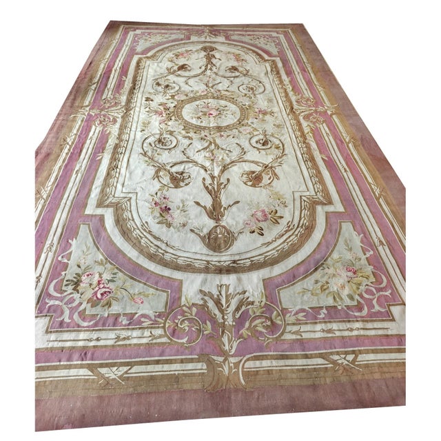 This is a breathtaking and exceptionally rare oversized antique European Aubusson carpet, Hand-knotted circa 1850 during...