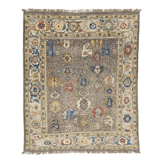 Modern Oushak Style Hand-Knotted Wool Area Rug in Taupe Grey With Vibrant Floral For Sale