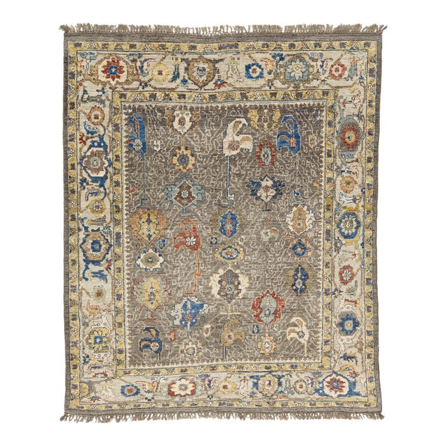 Modern Oushak Style Hand-Knotted Wool Area Rug in Taupe Grey With Vibrant Floral For Sale