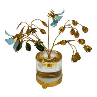 Vintage Enamel Flower Bouquet in Clear Acrylic Vase For Sale