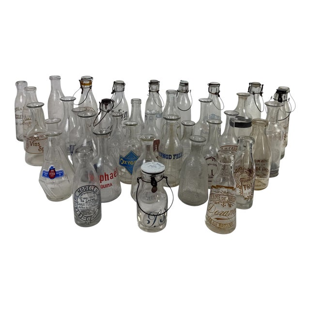 Antique French Glass Bottles of Wine, Liquor and Milk, 1890s, Set of 42 For Sale