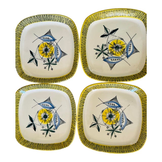 1960s Norwegian Flamingo Square Side Plates With Abstract Fish Design- Set of 4 For Sale