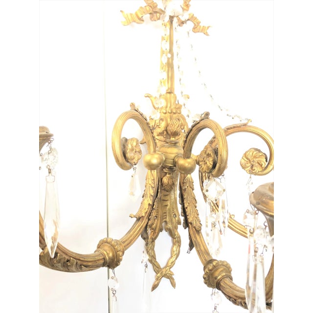 Rococo Pair Grand Scale French Louis XVI Three-Arm, Swags & Crystal Sconces/Unlacquered Brass For Sale - Image 3 of 4