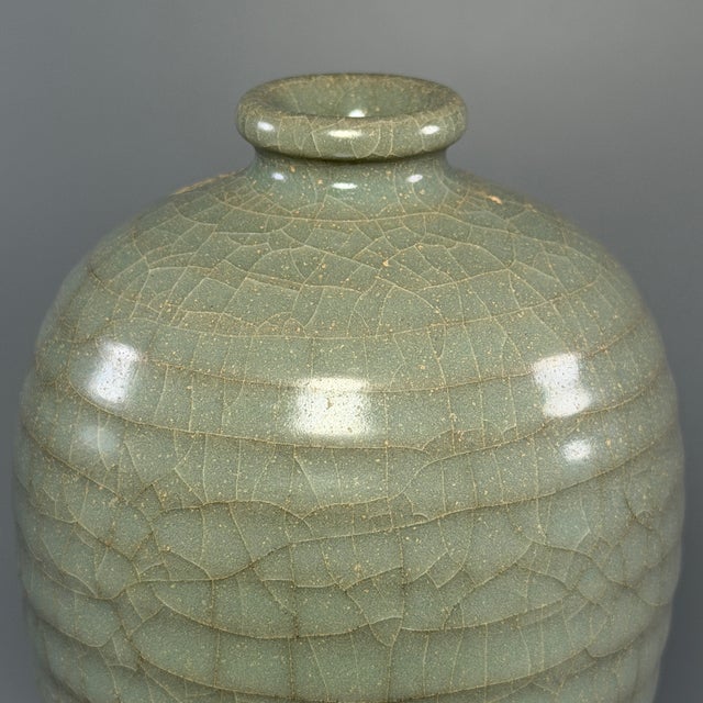 Antique Chinese Celadon Crackle‑Glaze Ribbed Meiping Vase, Collectible Antique For Sale - Image 4 of 9