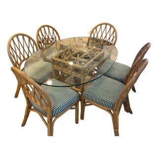 MCM Rattan Bamboo Dining Room Table Set 6 Chairs Glass Top Green Cushions For Sale