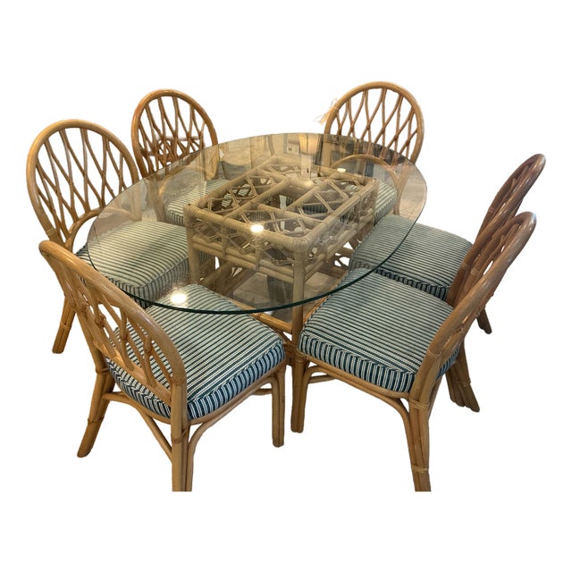 MCM Rattan Bamboo Dining Room Table Set 6 Chairs Glass Top Green Cushions For Sale