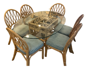 MCM Rattan Bamboo Dining Room Table Set 6 Chairs Glass Top Green Cushions