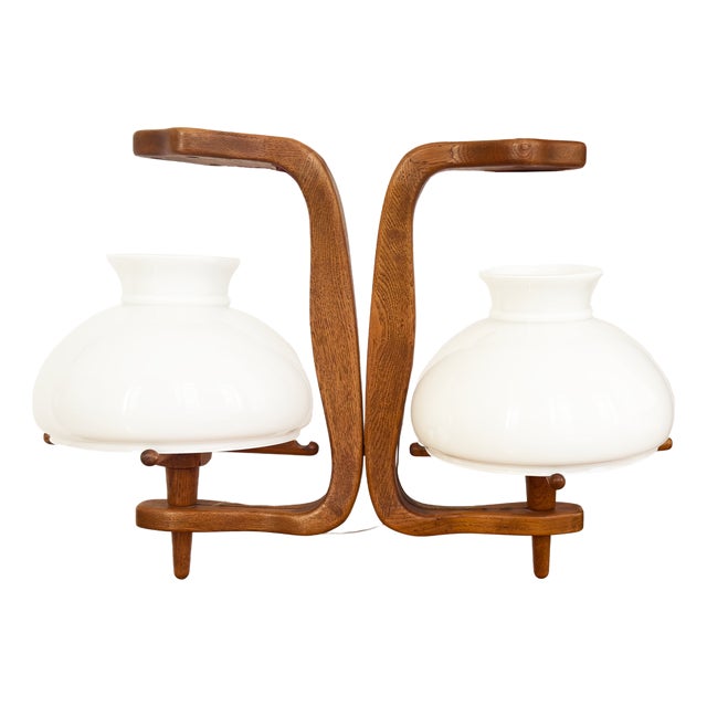 Two-Light Hanging Light in Oak and Opaline from Guillerme & Chambron For Sale