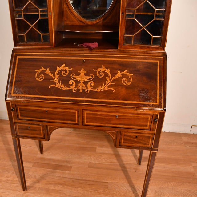 1900s Antique English Edwardian Mahogany & Satinwood Inlay Secretary Desk Writing Desk For Sale - Image 6 of 18