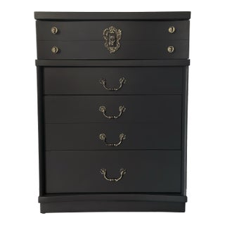 Bassett Highboy Dresser, Matte Black, Skull Hardware, Dark Romantic Bedroom Furniture For Sale