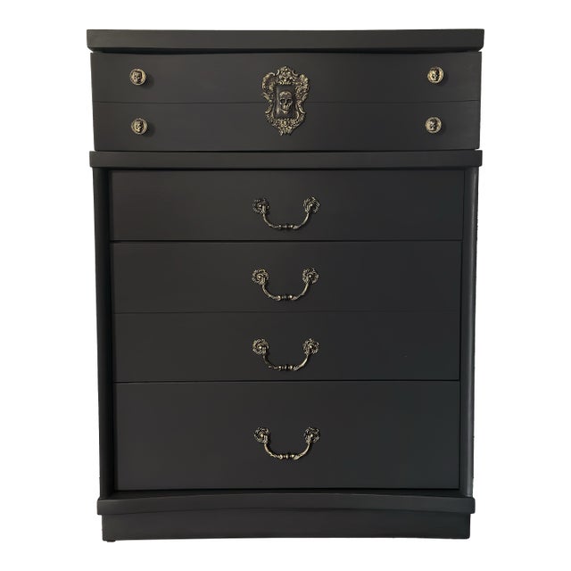 Bassett Highboy Dresser, Matte Black, Skull Hardware, Dark Romantic Bedroom Furniture For Sale
