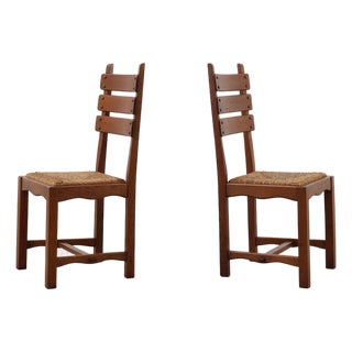 Mid-Century Modern Brutalist Oak and Wicker Chairs, 1960s, Set of 2 For Sale