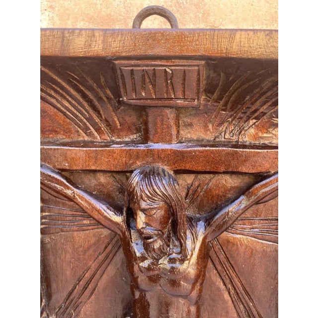 French Antique Hand Carved Walnut Wood Religious Triptych or Carved Wall Sculpture Panel, 1890s For Sale - Image 5 of 18