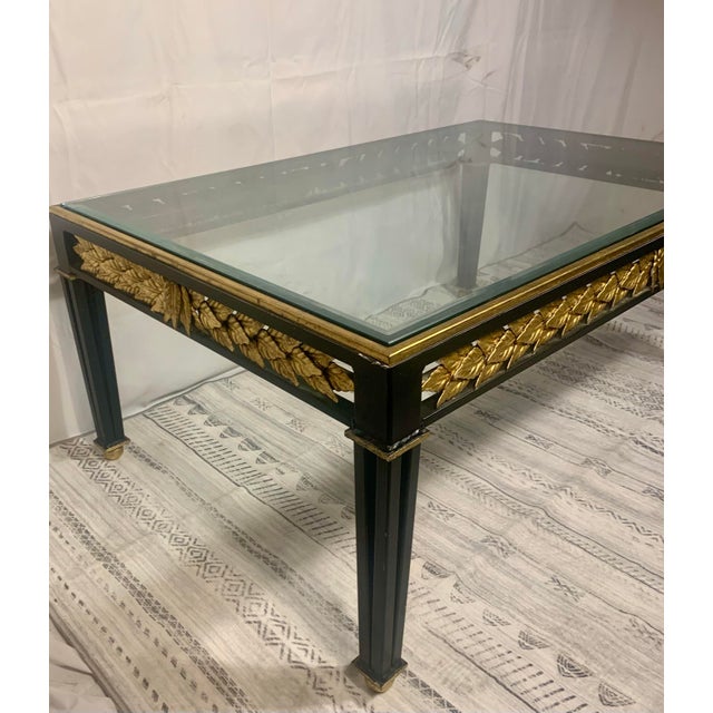 Black 1950s Hollywood Regency Black Metal & Gilded Laurel Leaf Coffee Table With Beveled Glass For Sale - Image 8 of 10
