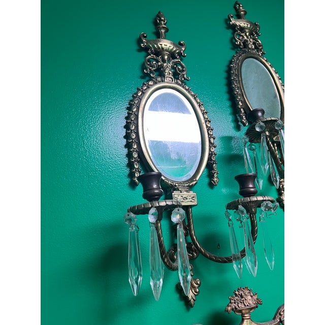 Up for consideration is a beautiful pair of brass and crystal French style mirrored candle wall sconces. These would look...