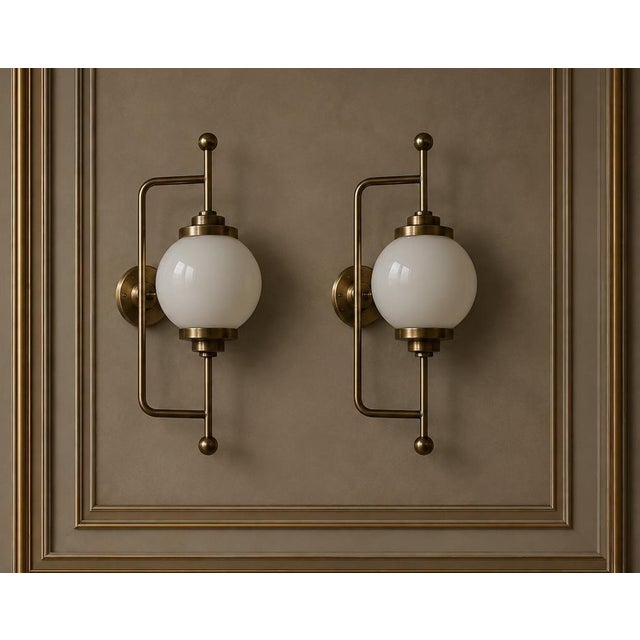 Vintage Art Deco Light Old Lamp Wall Sconces Fixture Brass & Milk Glass Shade Ship Light - a Pair For Sale - Image 4 of 5