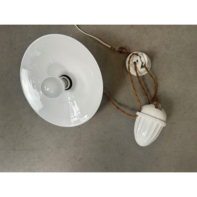 Antique Adjustable Opaline and Porcelain Pendant Lamp, 1930s For Sale - Image 4 of 10