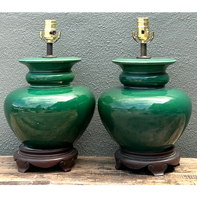 Vintage Glazed Ceramic Lamps - A Pair For Sale - Image 12 of 12