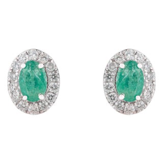 Oval Emerald & Diamond May Birthstone Stud Earrings in 14k White Gold- A Pair For Sale