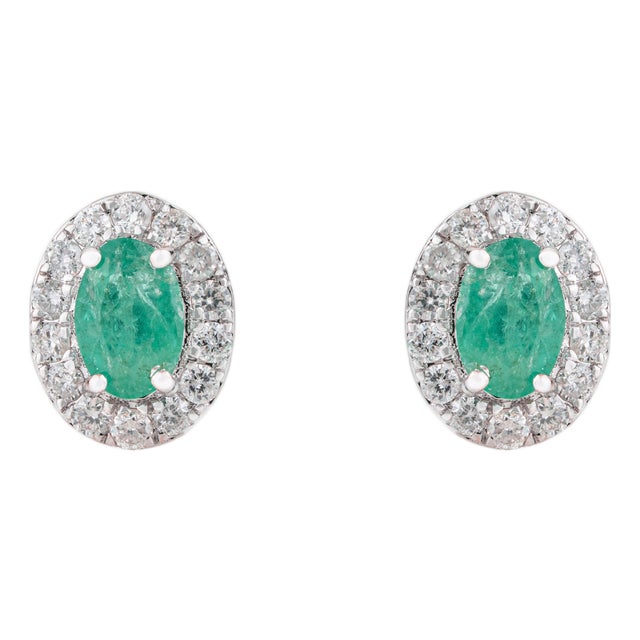 Oval Emerald & Diamond May Birthstone Stud Earrings in 14k White Gold- A Pair For Sale