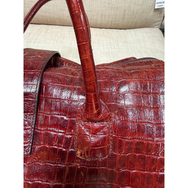 Animal Skin Embossed Crocodile Travel Satchel Bag, Maroon For Sale - Image 7 of 13