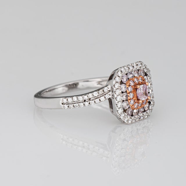 Contemporary Pink Diamond Ring Sz 7 Estate 14k White Gold Square Halo Fine Colored Jewelry For Sale - Image 3 of 7