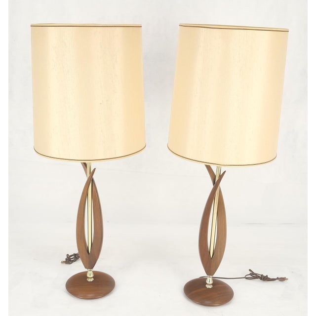 Pair of Mid Century Modern Oiled Walnut Turned Bases c1970s Table Lamps MINT
