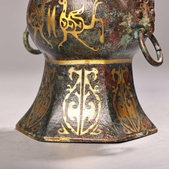 Pair of Vintage Bronze Vases With Gold Inlay - Archaic Style Gu Vessels For Sale - Image 10 of 10