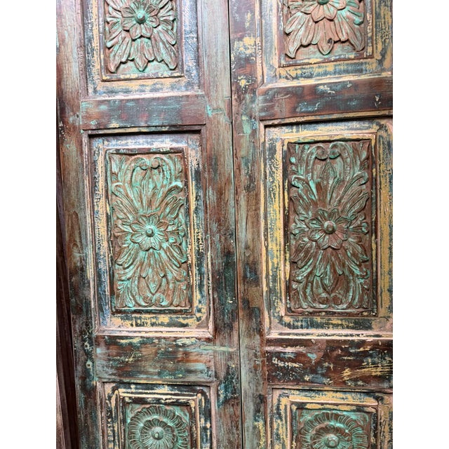 Antique Green Floral Double Doors Rustic Sliding Barn Doors 80x35 For Sale - Image 4 of 7