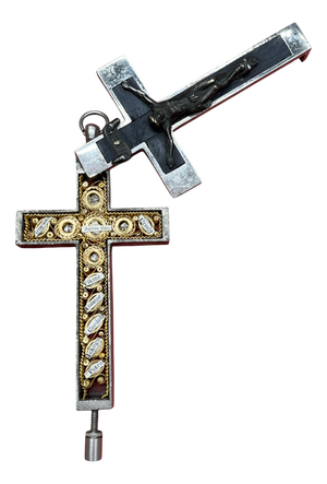 Renaissance Revival Reliquary Cross, Ebony with Intricate Paperole Monastic Filigree Work and Agnus Dei, ca. 1870