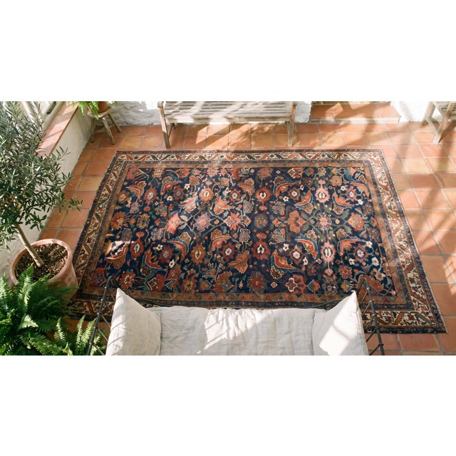 Excellent Navy Background Color With Ivory Border Tribal Style Antique Bijar Persian Rug For Sale - Image 11 of 11