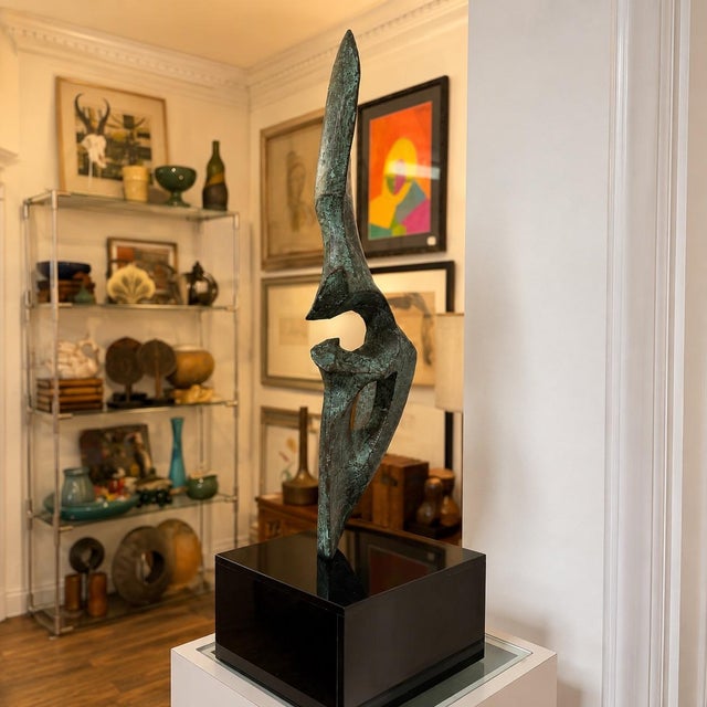 Metal 1960s Leonardo Nierman Signed Abstract Bronze Sculpture With Verdigris Patina on Custom Lucite Base For Sale - Image 7 of 10