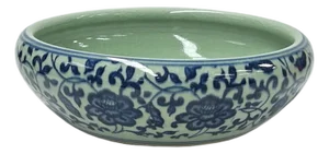 Chinese Celadon Blue Glaze Flower Porcelain Plate Bowl Display Art