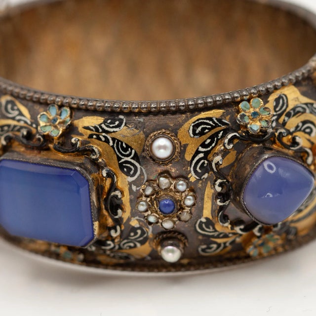 1900 - 1909 1900 - 1909 Antique Hungarian Silver Vermeil Enamel Chalcedony Seed Pearl Bangle For Sale - Image 5 of 10