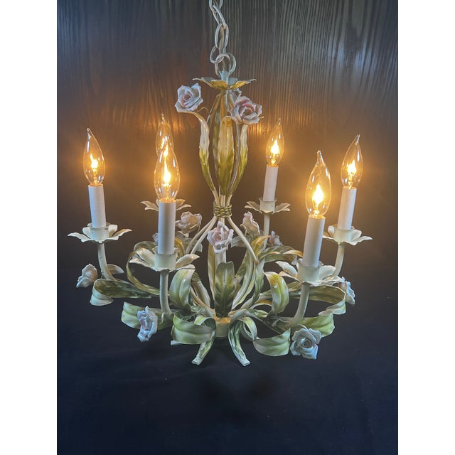 Vintage Tole Six-Arm Chandelier With Roses & Leaves For Sale - Image 11 of 16