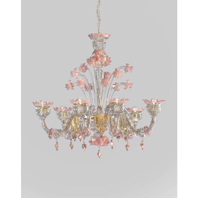 Contemporary Early 21st Century Venetian Gold and Pink Floral Murano Glass Chandelier For Sale - Image 3 of 13