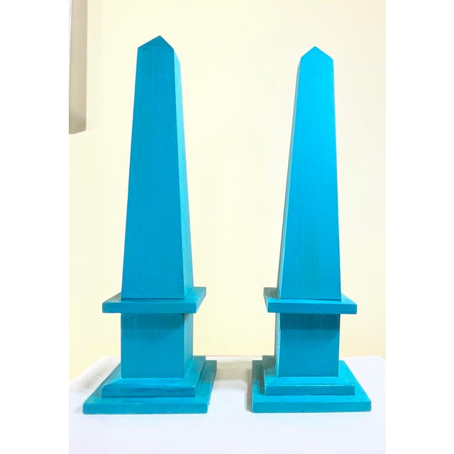 Pair of Hand-Painted Solid Wood Decorative Obelisks – Vibrant Turquoise Color For Sale - Image 14 of 15